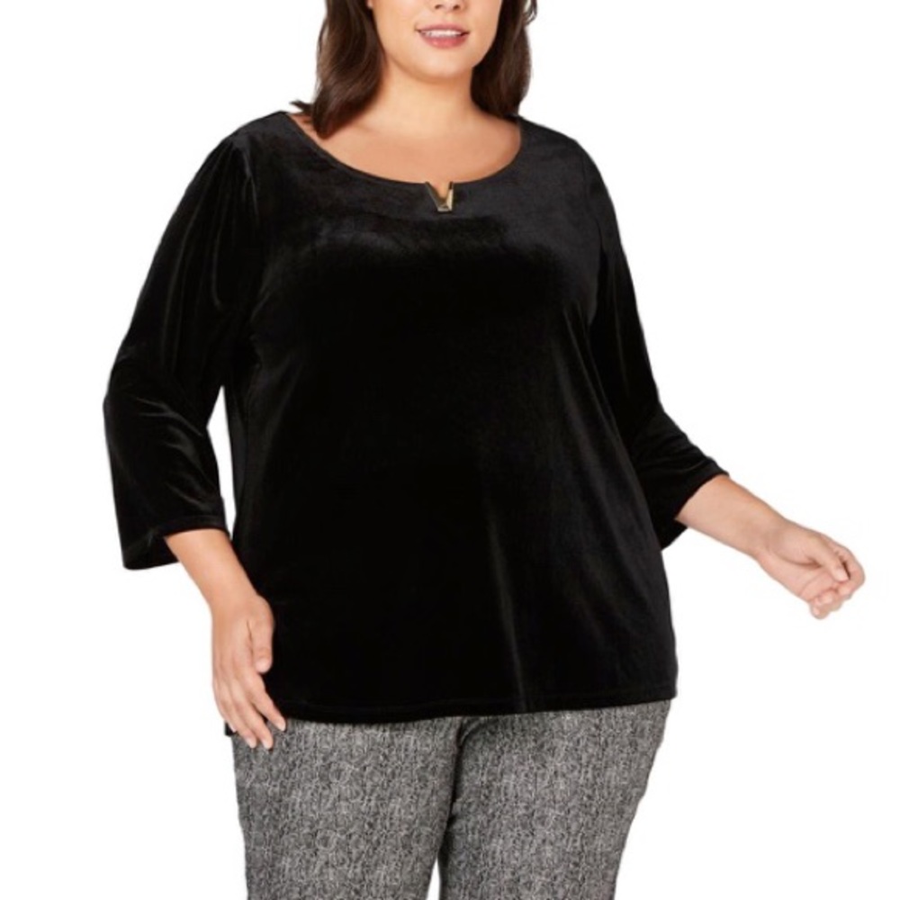 Calvin Klein 3/4 Sleeve Velvet Split Neck Blouse